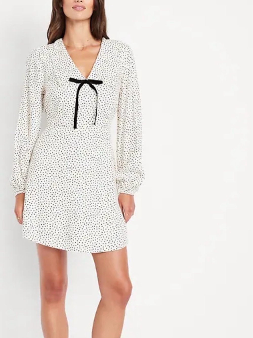 NWT Old Navy Cream Ivory Polka Dot Long-Sleeve Mini Dress with Black Bow